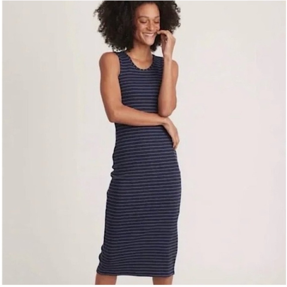 Marine Layer Lexi Daytime Midi Dress in Navy White Stripe Small
